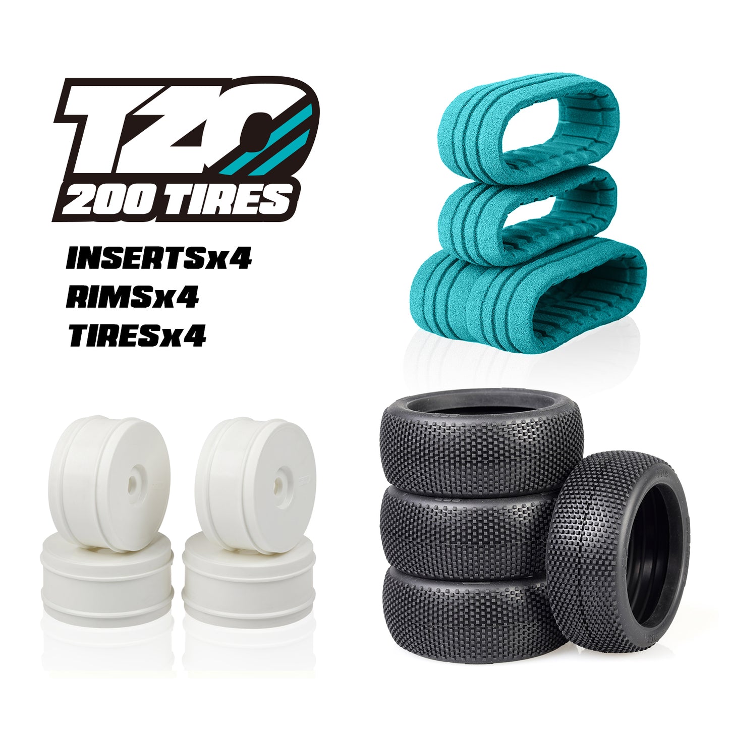 TZO 201 Car Set Non-Glued Tyres + Inserts + Rims 1/8 buggy wheels