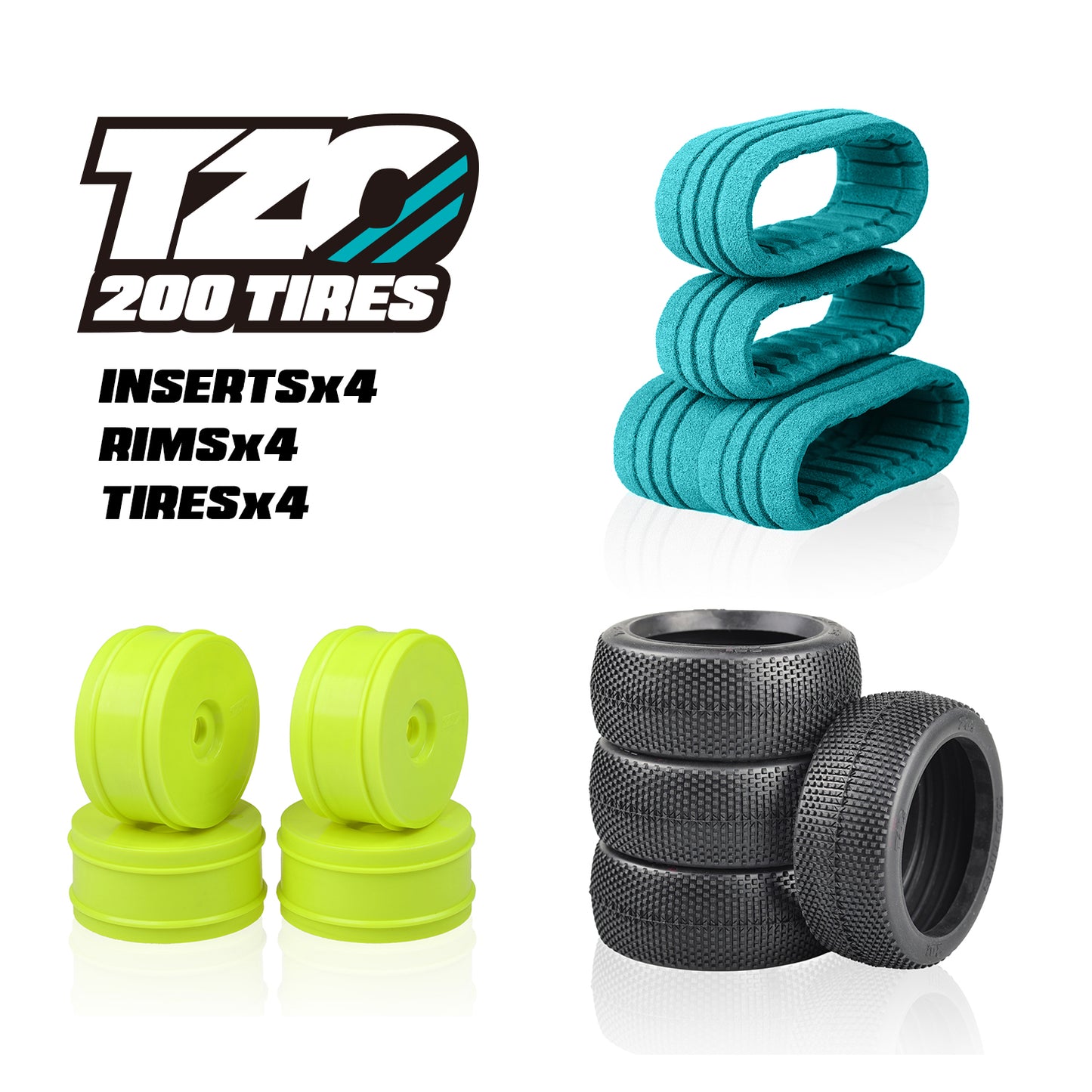 TZO 201 Car Set Non-Glued Tyres + Inserts + Rims 1/8 buggy wheels
